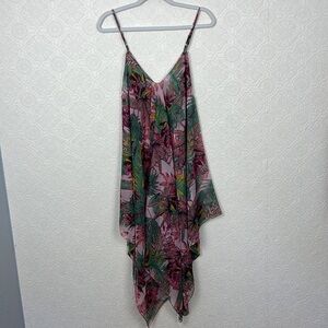 Paparazzi Swim Coverup Sheer Flowy Dress Tunic Pink Green Leaf Flowers Floral